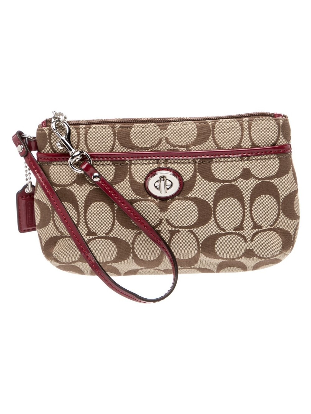 Coach Signature Canvas Wristlet in Beige with Magenta Trim